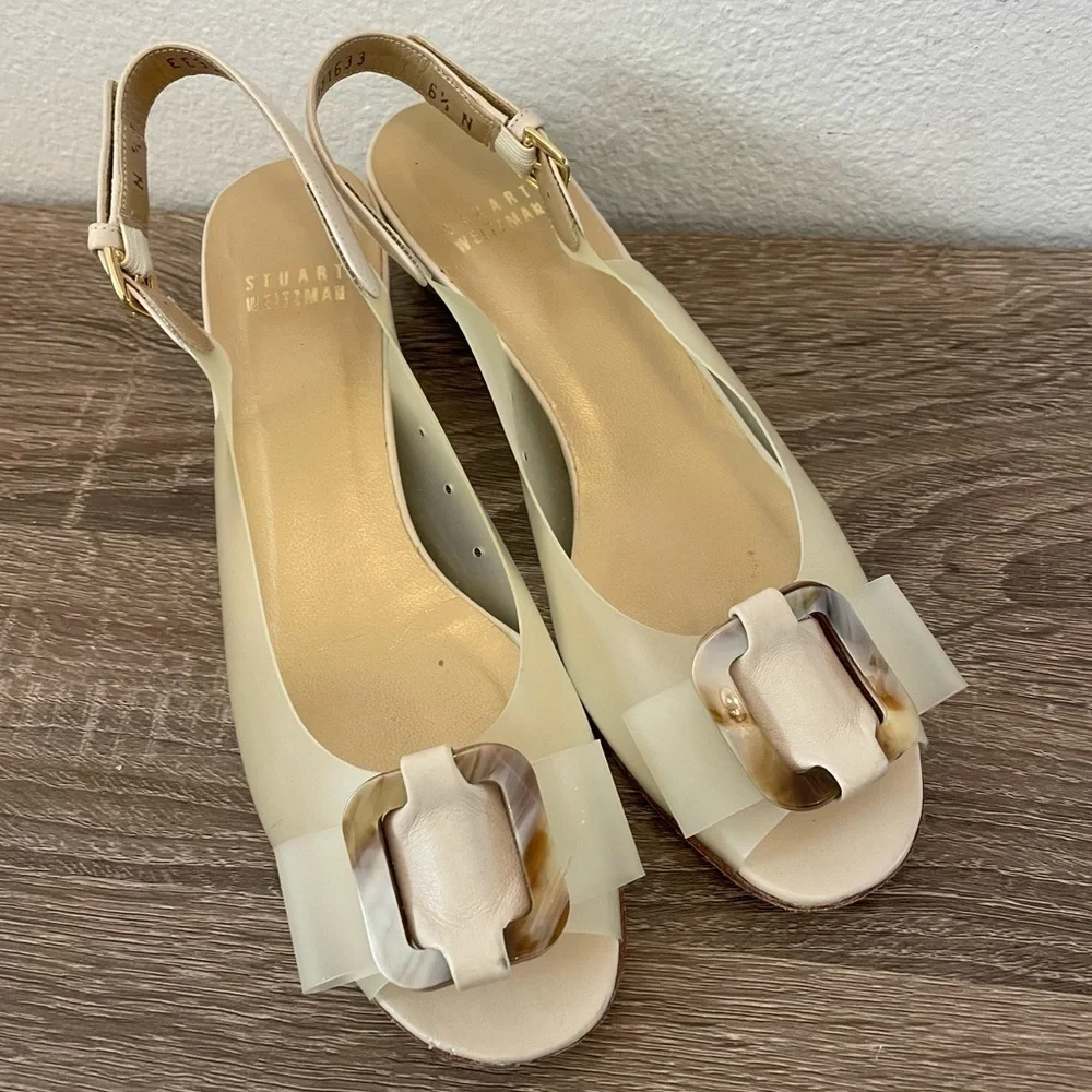 Stuart Weitzman Vintage Translucent Peep Toe Bow Slingback Sandals, Size 6.5N